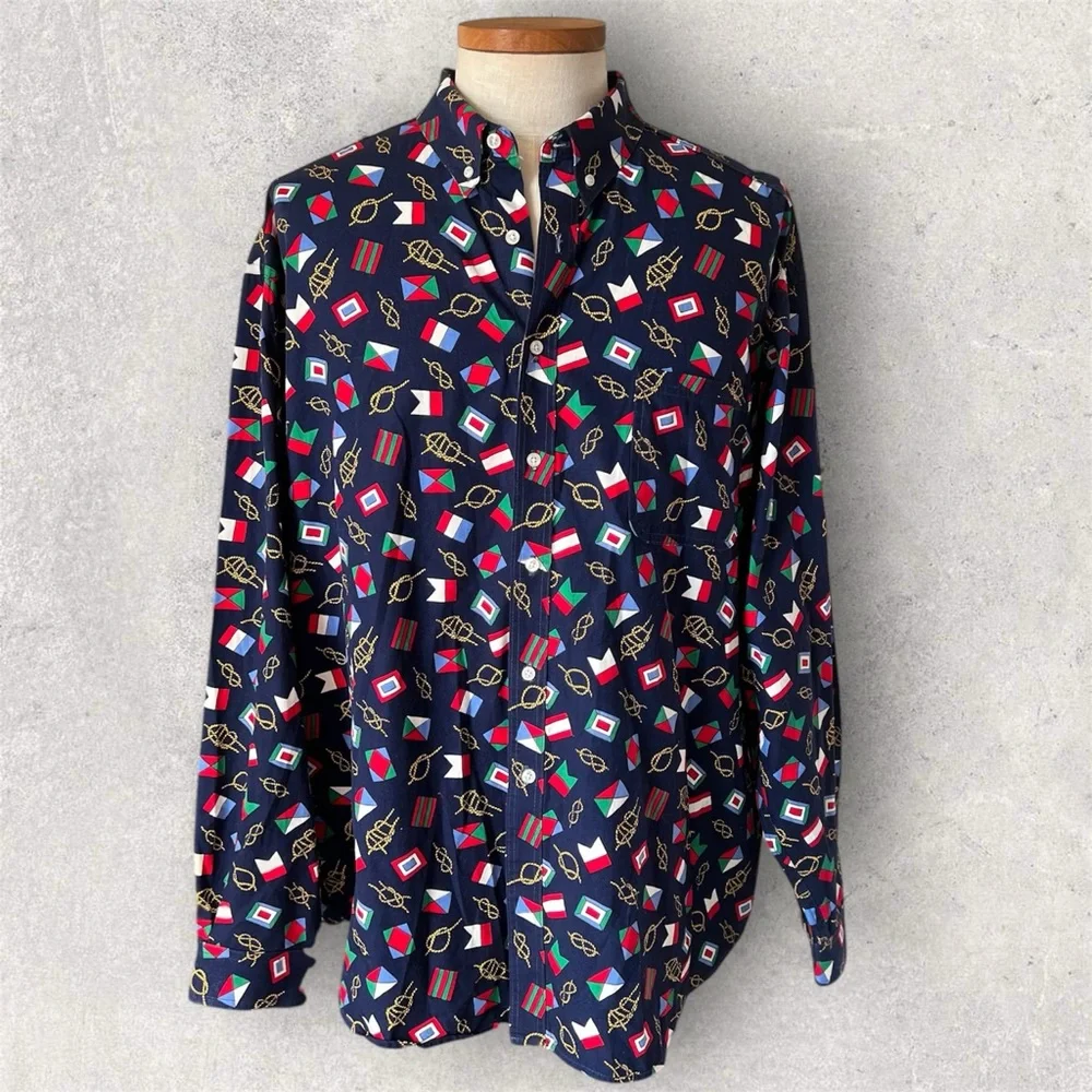 Men's Vintage Nautical Print Button Down Shirt Blue Multi